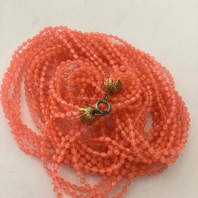 Vintage Multi, strand, coral, clear, beaded, flapper style necklace