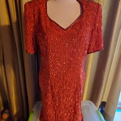 Vintage 1980's Red Beaded Dress by Stenay Size Large 100% Silk