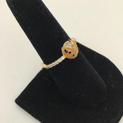 Cute enamel rhinestone ladybug, gold, toned, adjustable, ring