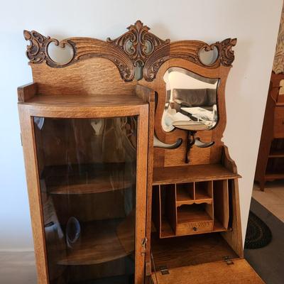 American Oak Secretary Desk Display Cabinet