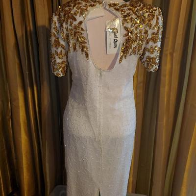 Vintage 1980's White with Gold Beading Dress 100% Silk NWT