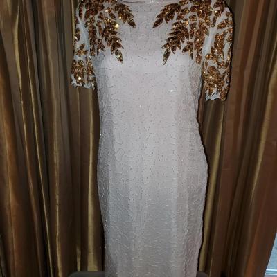 Vintage 1980's White with Gold Beading Dress 100% Silk NWT