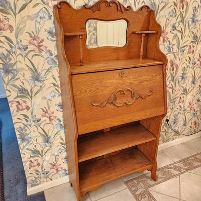 American Oak Secretary Desk with Shelving