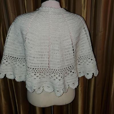 Vintage Hand Crocheted Off-White Cape w/ Buttons