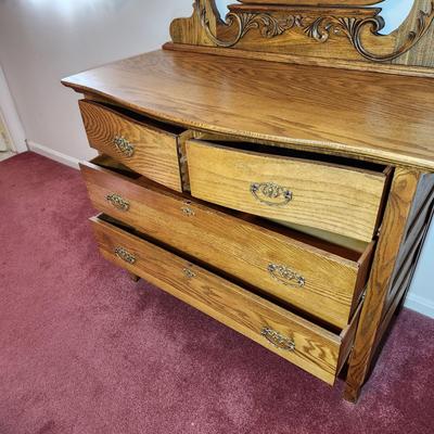 Solid Oak 2 over 2 Drawer Chest Dresser w Beveled Mirror 43x20x68