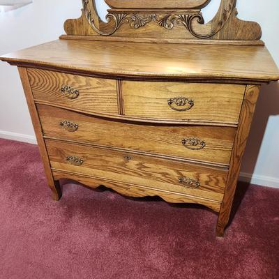 Solid Oak 2 over 2 Drawer Chest Dresser w Beveled Mirror 43x20x68
