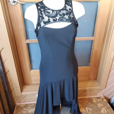 Black dress blonde notes by Stacy Sklar size 5 High Low Hem Lace Bodice