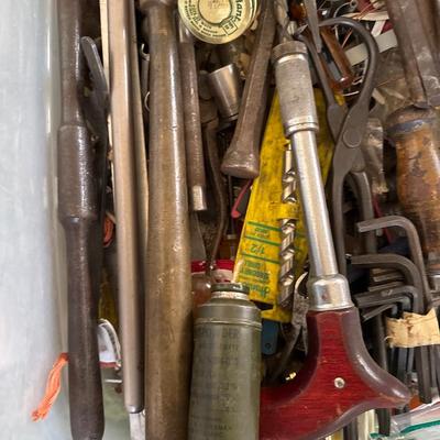 Tote of assorted tools and hardware