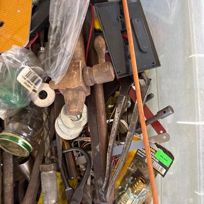 Tote of assorted tools and hardware