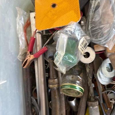 Tote of assorted tools and hardware