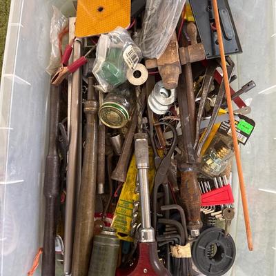 Tote of assorted tools and hardware