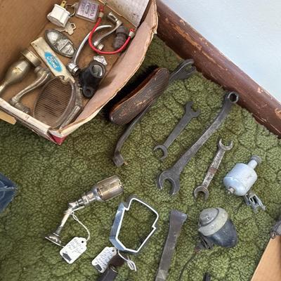 Small box of tools and vintage automotive tools
