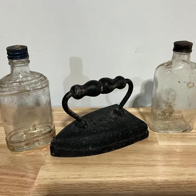 Antique Flat Iron, Vintage Ball Half Pint Whiskey Bottle
