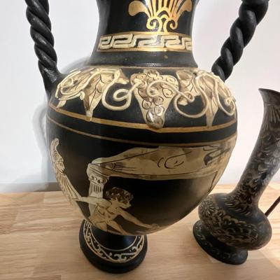 Greek Amphora Pottery, Handpainted 3D, Vintage brass ewer,