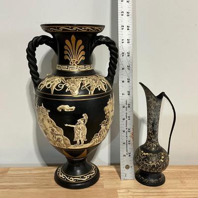 Greek Amphora Pottery, Handpainted 3D, Vintage brass ewer,