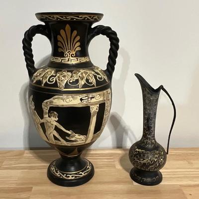 Greek Amphora Pottery, Handpainted 3D, Vintage brass ewer,