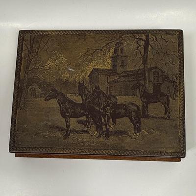 Dante Carpenters BenchJewelry Trinket Box Horses & Church with gold velvet interior