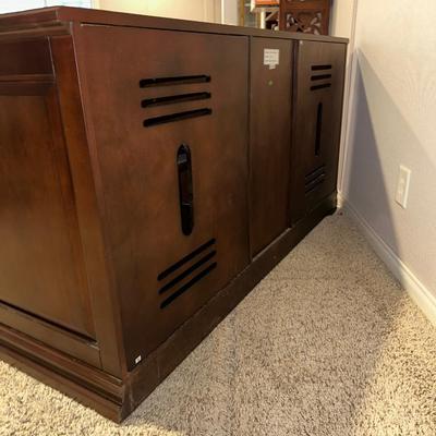 CLAYTON MEDIA STAND W/3 DRAWERS AND 2 GLASS FRONT CABINETS W/SHELVES