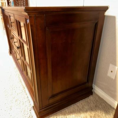 CLAYTON MEDIA STAND W/3 DRAWERS AND 2 GLASS FRONT CABINETS W/SHELVES