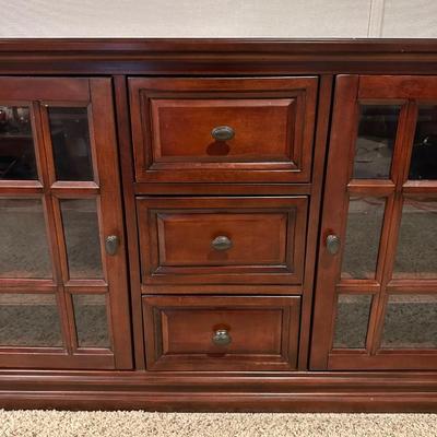 CLAYTON MEDIA STAND W/3 DRAWERS AND 2 GLASS FRONT CABINETS W/SHELVES