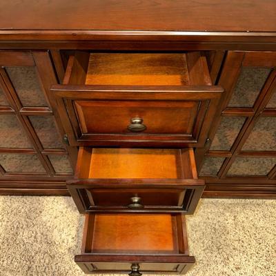 CLAYTON MEDIA STAND W/3 DRAWERS AND 2 GLASS FRONT CABINETS W/SHELVES
