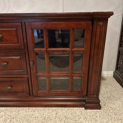 CLAYTON MEDIA STAND W/3 DRAWERS AND 2 GLASS FRONT CABINETS W/SHELVES