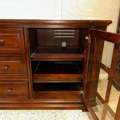 CLAYTON MEDIA STAND W/3 DRAWERS AND 2 GLASS FRONT CABINETS W/SHELVES