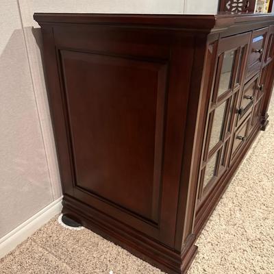 CLAYTON MEDIA STAND W/3 DRAWERS AND 2 GLASS FRONT CABINETS W/SHELVES