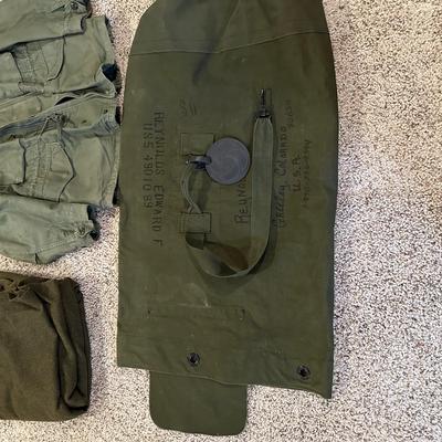 1960'S US ARMY ISSUED WOOL BLANKET, COAT AND DUFFEL BAG