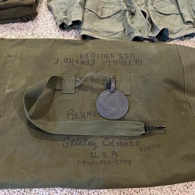 1960'S US ARMY ISSUED WOOL BLANKET, COAT AND DUFFEL BAG