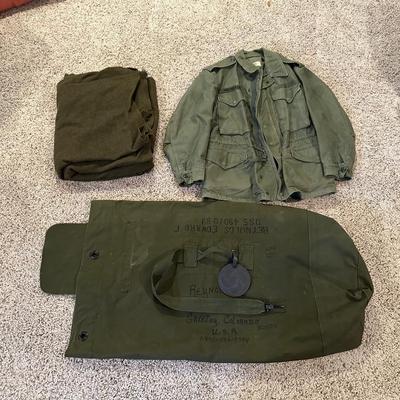 1960'S US ARMY ISSUED WOOL BLANKET, COAT AND DUFFEL BAG