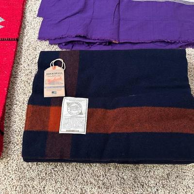 NEW WOOLRICH WOOL THROW, 2 MEXICAN SARAPES AND A NEW THROW PILLOW