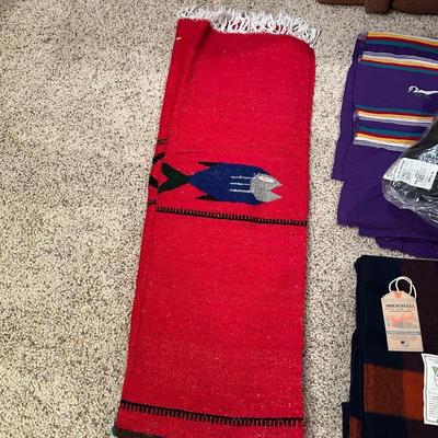 NEW WOOLRICH WOOL THROW, 2 MEXICAN SARAPES AND A NEW THROW PILLOW