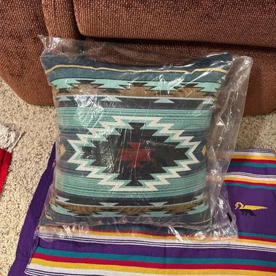 NEW WOOLRICH WOOL THROW, 2 MEXICAN SARAPES AND A NEW THROW PILLOW