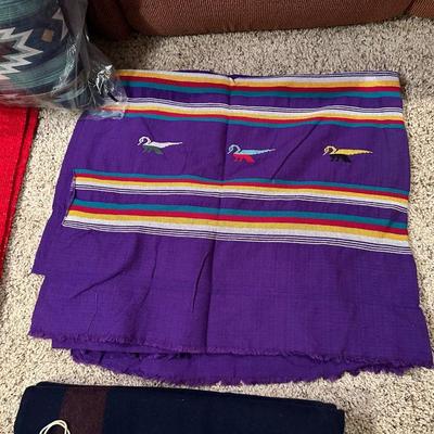 NEW WOOLRICH WOOL THROW, 2 MEXICAN SARAPES AND A NEW THROW PILLOW