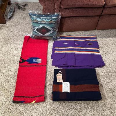 NEW WOOLRICH WOOL THROW, 2 MEXICAN SARAPES AND A NEW THROW PILLOW