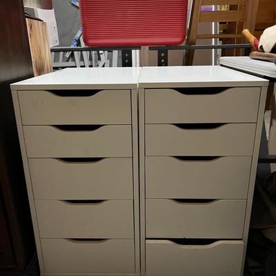 USEFUL FIVE DRAWER VCABINEST x2 PARTICLE BOARD WHITE LAMINATE CABINET FOR CRAFTS, TOOLS