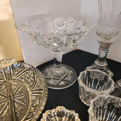 Clear Glass Lot, Cut Glass, Candle Holders , Bowls, Dishes Vase