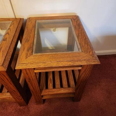 Pair Solid Wood Glass top End Side Tables 16x21x22