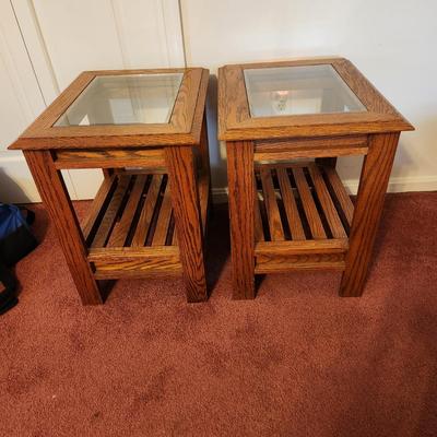 Pair Solid Wood Glass top End Side Tables 16x21x22