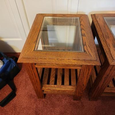 Pair Solid Wood Glass top End Side Tables 16x21x22