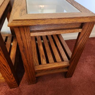 Pair Solid Wood Glass top End Side Tables 16x21x22