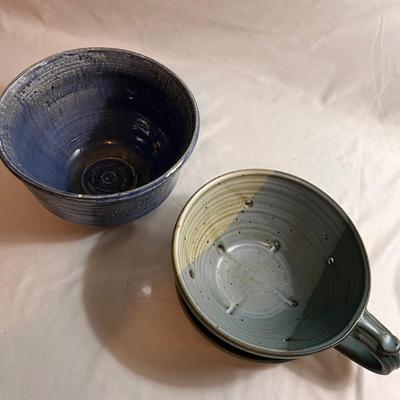 Signed Pottery Berry Strainer & Butter Keeper Plus More Blue Pottery (K-RG)