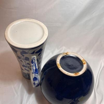 Signed Pottery Berry Strainer & Butter Keeper Plus More Blue Pottery (K-RG)