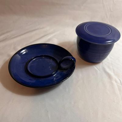 Signed Pottery Berry Strainer & Butter Keeper Plus More Blue Pottery (K-RG)