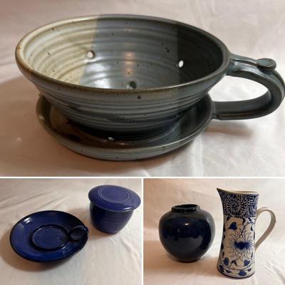 Signed Pottery Berry Strainer & Butter Keeper Plus More Blue Pottery (K-RG)