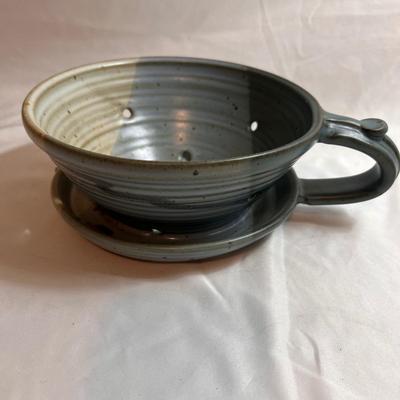 Signed Pottery Berry Strainer & Butter Keeper Plus More Blue Pottery (K-RG)