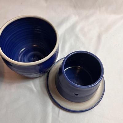 Signed Pottery Berry Strainer & Butter Keeper Plus More Blue Pottery (K-RG)
