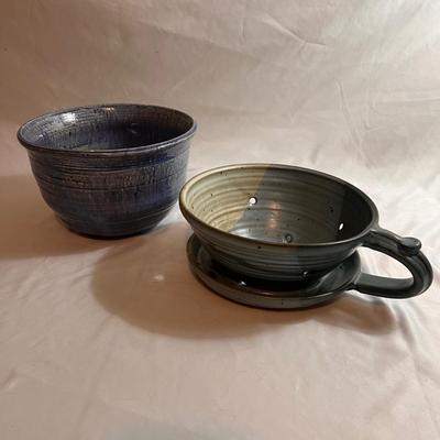 Signed Pottery Berry Strainer & Butter Keeper Plus More Blue Pottery (K-RG)