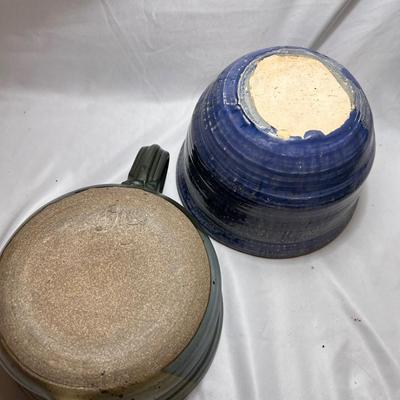 Signed Pottery Berry Strainer & Butter Keeper Plus More Blue Pottery (K-RG)